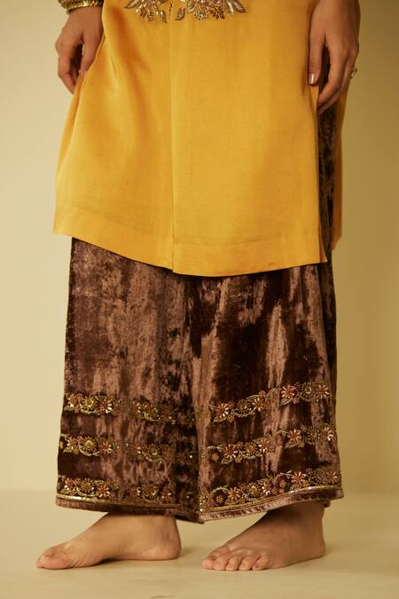 Sarang Kaur Yellow Satin, Silk, Velvet Embroidery V-neck Arya Hand Kurta And Pant Set Online at Aza Fashions Sarang Kaur_Yellow Satin, Silk, Velvet Embroidery V-neck Arya Hand Kurta And Pant Set _Online_at_Aza_Fashions