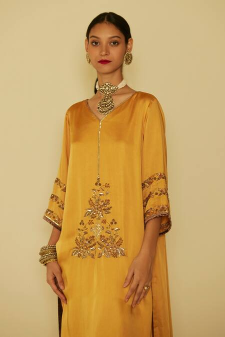Buy Sarang Kaur Yellow Satin, Silk, Velvet Embroidery V-neck Arya Hand Kurta And Pant Set Online at Aza Fashions Buy_Sarang Kaur_Yellow Satin, Silk, Velvet Embroidery V-neck Arya Hand Kurta And Pant Set _Online_at_Aza_Fashions