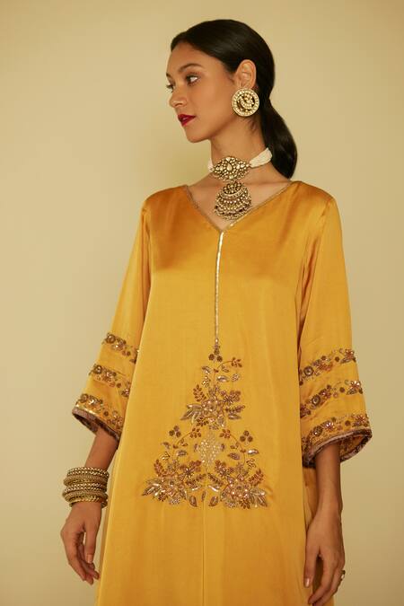 Shop Sarang Kaur Yellow Satin, Silk, Velvet Embroidery V-neck Arya Hand Kurta And Pant Set Online at Aza Fashions Shop_Sarang Kaur_Yellow Satin, Silk, Velvet Embroidery V-neck Arya Hand Kurta And Pant Set _Online_at_Aza_Fashions