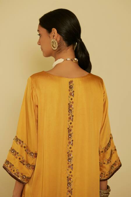 Sarang Kaur Yellow Satin, Silk, Velvet Embroidery V-neck Arya Hand Kurta And Pant Set at Aza Fashions Sarang Kaur_Yellow Satin, Silk, Velvet Embroidery V-neck Arya Hand Kurta And Pant Set _at_Aza_Fashions