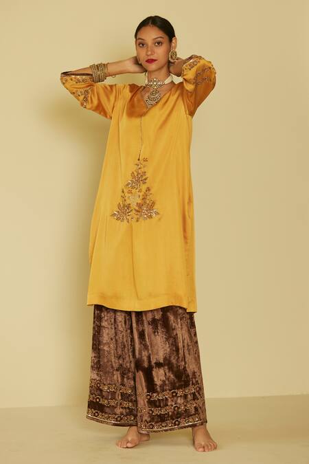 Buy Sarang Kaur Yellow Satin, Silk, Velvet Embroidery V-neck Arya Hand Kurta And Pant Set Buy_Sarang Kaur_Yellow Satin, Silk, Velvet Embroidery V-neck Arya Hand Kurta And Pant Set