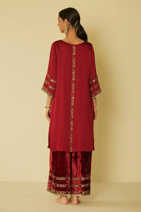 Shop Sarang Kaur Red Satin, Silk, Velvet Embroidery V-neck Arya Kurta And Pant Set at Aza Fashions Shop_Sarang Kaur_Red Satin, Silk, Velvet Embroidery V-neck Arya Kurta And Pant Set _at_Aza_Fashions