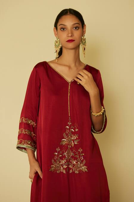 Buy Sarang Kaur Red Satin, Silk, Velvet Embroidery V-neck Arya Kurta And Pant Set Online at Aza Fashions Buy_Sarang Kaur_Red Satin, Silk, Velvet Embroidery V-neck Arya Kurta And Pant Set _Online_at_Aza_Fashions