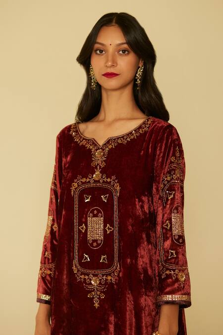 Buy Sarang Kaur Red Velvet, Silk Embroidery Split V-neck Dareecha Hand Kurta And Pant Set Online at Aza Fashions Buy_Sarang Kaur_Red Velvet, Silk Embroidery Split V-neck Dareecha Hand Kurta And Pant Set _Online_at_Aza_Fashions