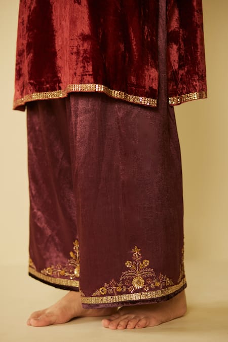 Shop Sarang Kaur Red Velvet, Silk Embroidery Split V-neck Dareecha Hand Kurta And Pant Set Online at Aza Fashions Shop_Sarang Kaur_Red Velvet, Silk Embroidery Split V-neck Dareecha Hand Kurta And Pant Set _Online_at_Aza_Fashions
