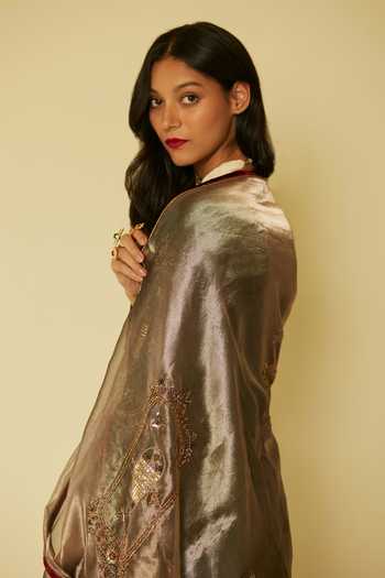 Sarang Kaur_Silver Tissue, Silk Embroidery Dareecha Dupatta_at_Aza_Fashions