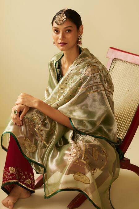 Shop_Sarang Kaur_Green Tissue, Silk Embroidery Meera Hand Dupatta_Online_at_Aza_Fashions