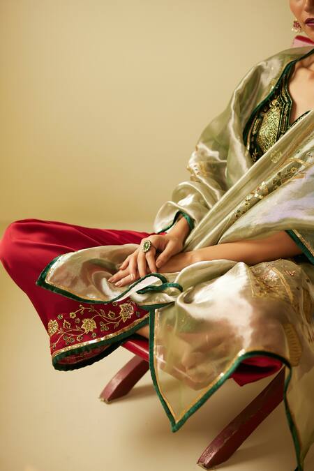 Sarang Kaur_Green Tissue, Silk Embroidery Meera Hand Dupatta_at_Aza_Fashions
