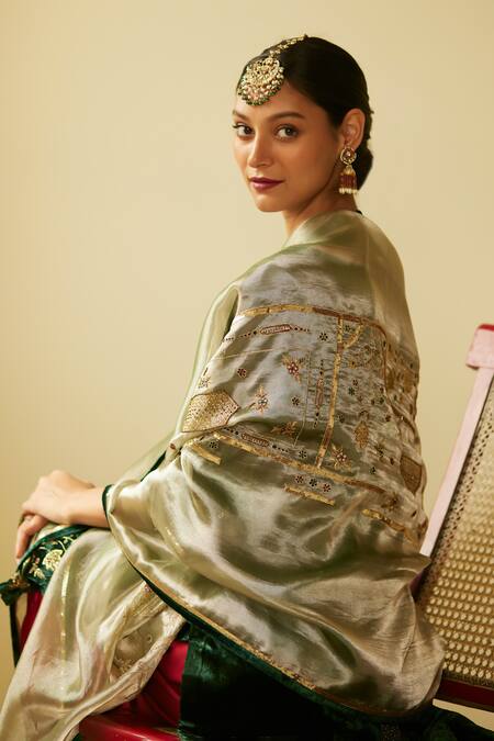 Buy_Sarang Kaur_Green Tissue, Silk Embroidery Meera Hand Dupatta
