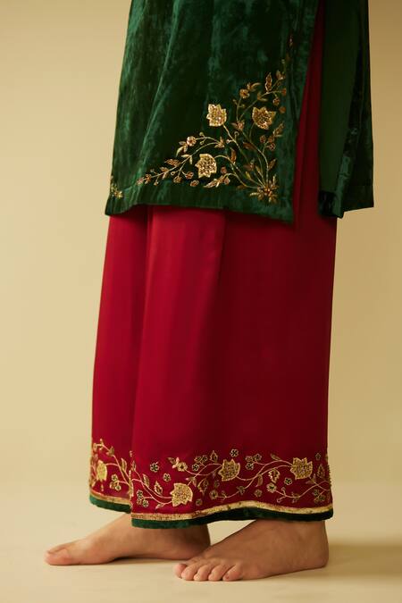 Shop Sarang Kaur Green Velvet, Muslin, Silk Embroidery Split V-neck Meera Hand Kurta And Pant Set Online at Aza Fashions Shop_Sarang Kaur_Green Velvet, Muslin, Silk Embroidery Split V-neck Meera Hand Kurta And Pant Set _Online_at_Aza_Fashions