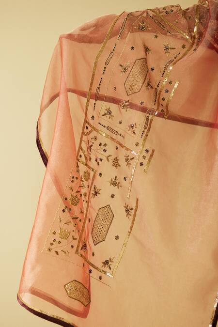 Sarang Kaur_Peach Tissue, Silk Embroidery Meera Dupatta_Online_at_Aza_Fashions