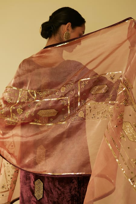 Buy_Sarang Kaur_Peach Tissue, Silk Embroidery Meera Dupatta_Online_at_Aza_Fashions