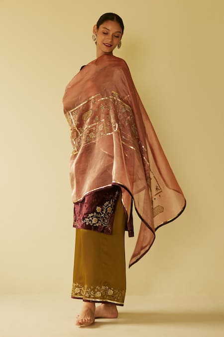 Sarang Kaur_Peach Tissue, Silk Embroidery Meera Dupatta_at_Aza_Fashions