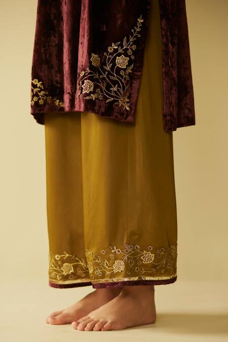 Buy Sarang Kaur Purple Velvet, Muslin, Silk Embroidery Split V-neck Meera Kurta And Pant Set Online at Aza Fashions Buy_Sarang Kaur_Purple Velvet, Muslin, Silk Embroidery Split V-neck Meera Kurta And Pant Set _Online_at_Aza_Fashions
