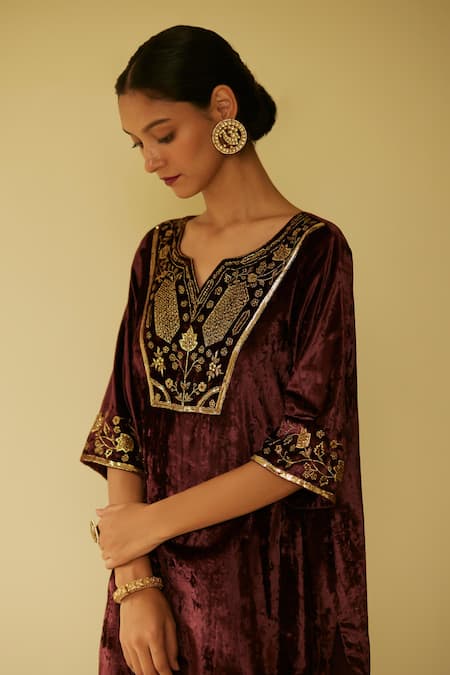 Shop Sarang Kaur Purple Velvet, Muslin, Silk Embroidery Split V-neck Meera Kurta And Pant Set Online at Aza Fashions Shop_Sarang Kaur_Purple Velvet, Muslin, Silk Embroidery Split V-neck Meera Kurta And Pant Set _Online_at_Aza_Fashions