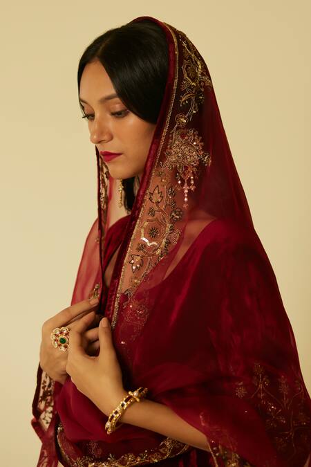 Sarang Kaur Red Organza, Silk Embroidery Bageecha Hand Dupatta Online at Aza Fashions Sarang Kaur_Red Organza, Silk Embroidery Bageecha Hand Dupatta _Online_at_Aza_Fashions