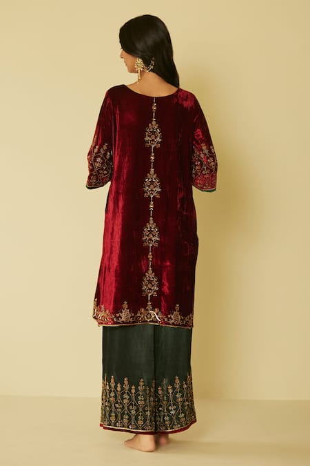 Shop Sarang Kaur Red Velvet, Muslin, Silk Embroidery Round Neck Bageecha Hand Kurta And Pant Set at Aza Fashions Shop_Sarang Kaur_Red Velvet, Muslin, Silk Embroidery Round Neck Bageecha Hand Kurta And Pant Set _at_Aza_Fashions