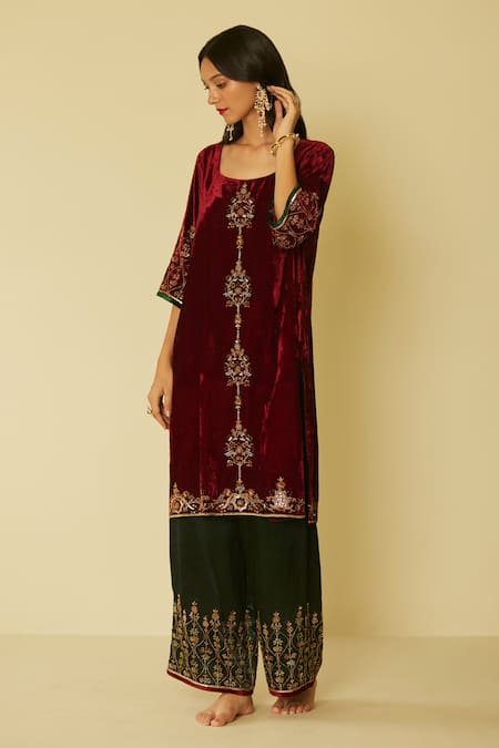 Sarang Kaur Red Velvet, Muslin, Silk Embroidery Round Neck Bageecha Hand Kurta And Pant Set Online at Aza Fashions Sarang Kaur_Red Velvet, Muslin, Silk Embroidery Round Neck Bageecha Hand Kurta And Pant Set _Online_at_Aza_Fashions