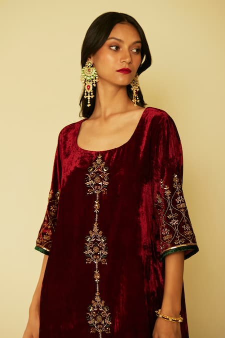 Buy Sarang Kaur Red Velvet, Muslin, Silk Embroidery Round Neck Bageecha Hand Kurta And Pant Set Online at Aza Fashions Buy_Sarang Kaur_Red Velvet, Muslin, Silk Embroidery Round Neck Bageecha Hand Kurta And Pant Set _Online_at_Aza_Fashions