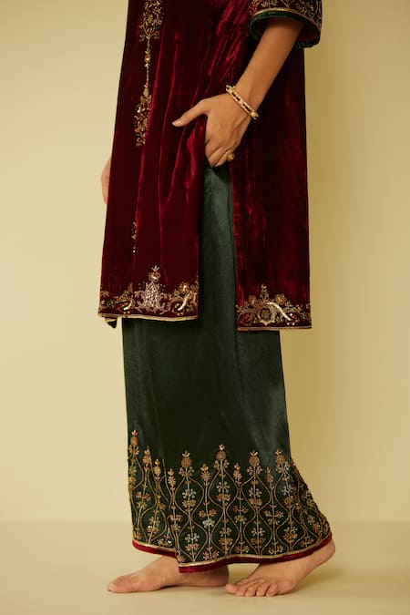 Shop Sarang Kaur Red Velvet, Muslin, Silk Embroidery Round Neck Bageecha Hand Kurta And Pant Set Online at Aza Fashions Shop_Sarang Kaur_Red Velvet, Muslin, Silk Embroidery Round Neck Bageecha Hand Kurta And Pant Set _Online_at_Aza_Fashions