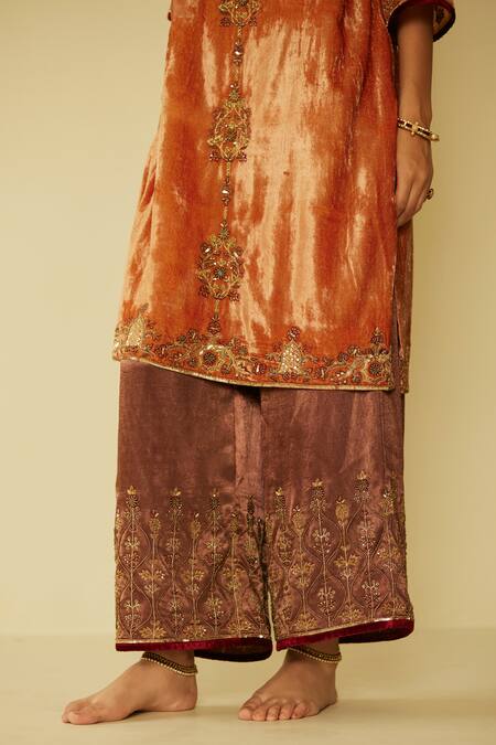 Shop Sarang Kaur Peach Velvet Embroidery Round Neck Bageecha Kurta And Pant Set Online at Aza Fashions Shop_Sarang Kaur_Peach Velvet Embroidery Round Neck Bageecha Kurta And Pant Set _Online_at_Aza_Fashions