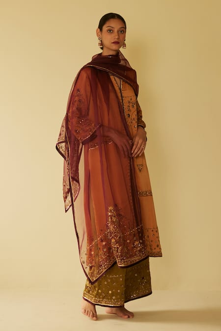 Sarang Kaur_Purple Organza, Silk Embroidery Farida Hand Dupatta _Online_at_Aza_Fashions
