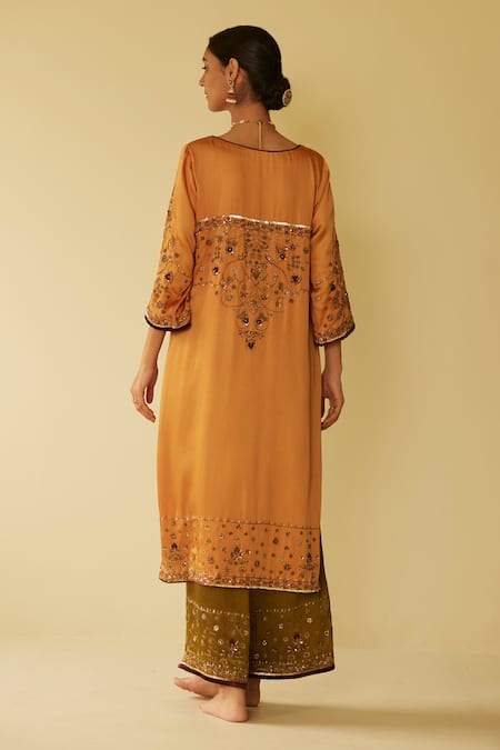 Shop Sarang Kaur Yellow Satin, Silk Embroidery Split V-neck Farida Hand Kurta And Pant Set at Aza Fashions Shop_Sarang Kaur_Yellow Satin, Silk Embroidery Split V-neck Farida Hand Kurta And Pant Set _at_Aza_Fashions