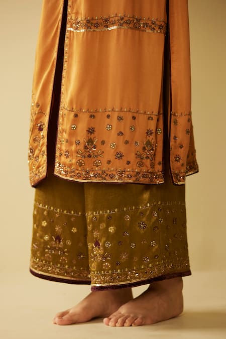 Sarang Kaur Yellow Satin, Silk Embroidery Split V-neck Farida Hand Kurta And Pant Set Online at Aza Fashions Sarang Kaur_Yellow Satin, Silk Embroidery Split V-neck Farida Hand Kurta And Pant Set _Online_at_Aza_Fashions