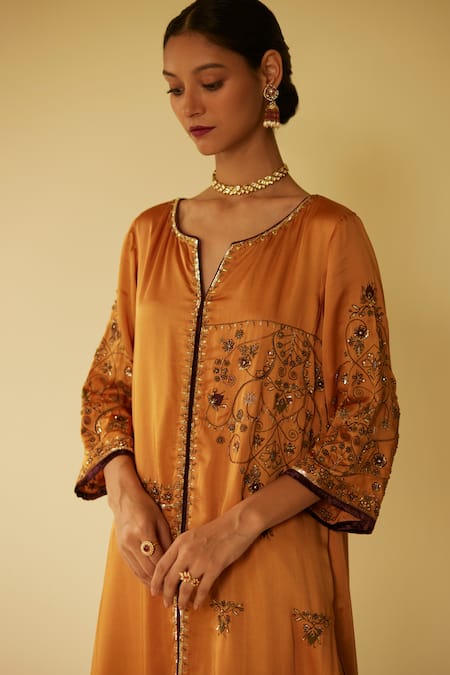 Buy Sarang Kaur Yellow Satin, Silk Embroidery Split V-neck Farida Hand Kurta And Pant Set Online at Aza Fashions Buy_Sarang Kaur_Yellow Satin, Silk Embroidery Split V-neck Farida Hand Kurta And Pant Set _Online_at_Aza_Fashions