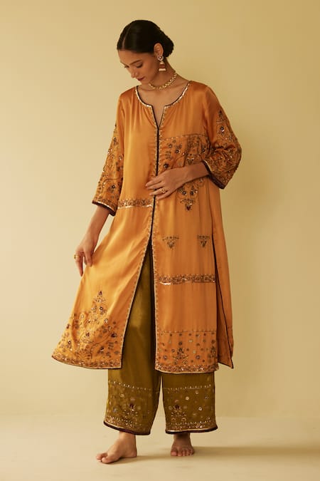 Shop Sarang Kaur Yellow Satin, Silk Embroidery Split V-neck Farida Hand Kurta And Pant Set Online at Aza Fashions Shop_Sarang Kaur_Yellow Satin, Silk Embroidery Split V-neck Farida Hand Kurta And Pant Set _Online_at_Aza_Fashions