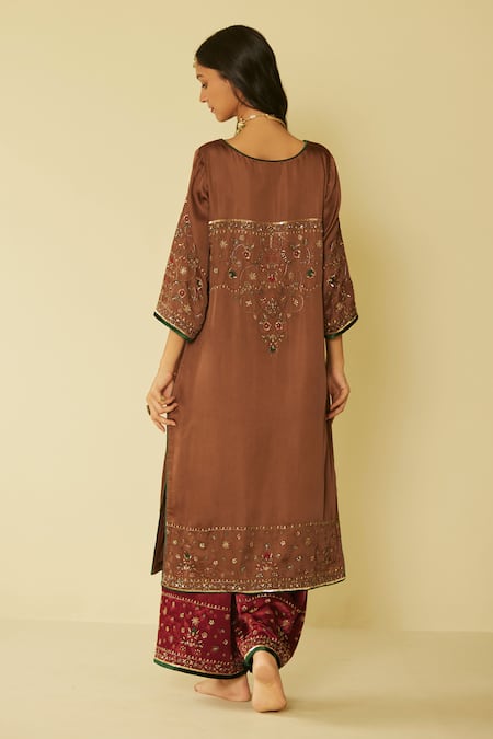 Shop Sarang Kaur Brown Satin, Silk Embroidery Split V-neck Farida Kurta And Pant Set at Aza Fashions Shop_Sarang Kaur_Brown Satin, Silk Embroidery Split V-neck Farida Kurta And Pant Set _at_Aza_Fashions