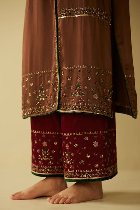 Sarang Kaur Brown Satin, Silk Embroidery Split V-neck Farida Kurta And Pant Set Online at Aza Fashions Sarang Kaur_Brown Satin, Silk Embroidery Split V-neck Farida Kurta And Pant Set _Online_at_Aza_Fashions