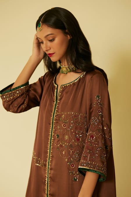 Buy Sarang Kaur Brown Satin, Silk Embroidery Split V-neck Farida Kurta And Pant Set Online at Aza Fashions Buy_Sarang Kaur_Brown Satin, Silk Embroidery Split V-neck Farida Kurta And Pant Set _Online_at_Aza_Fashions
