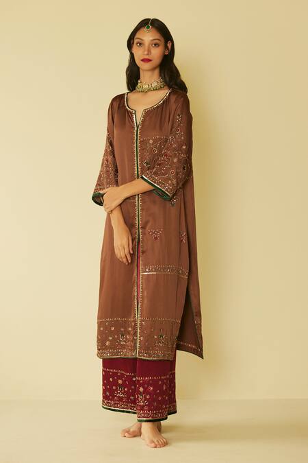 Shop Sarang Kaur Brown Satin, Silk Embroidery Split V-neck Farida Kurta And Pant Set Online at Aza Fashions Shop_Sarang Kaur_Brown Satin, Silk Embroidery Split V-neck Farida Kurta And Pant Set _Online_at_Aza_Fashions
