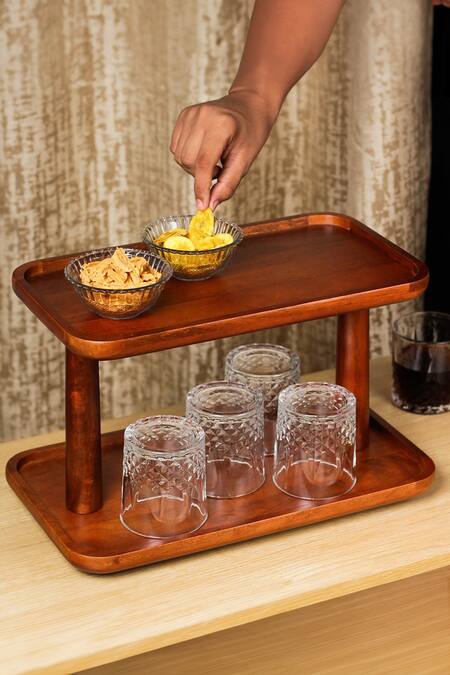 Brick Brown Brown Solid Wood Rectangular Shaped Twin-tiered Organizer