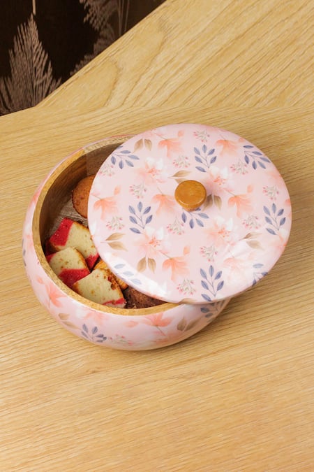 Brick Brown Multi Color Solid Wood Floral Roti Box 