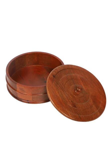 Brick Brown_Brown Solid Wood Round Shaped Roti Box_Online_at_Aza_Fashions