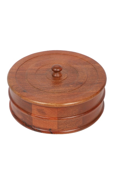 Buy_Brick Brown_Brown Solid Wood Round Shaped Roti Box_Online_at_Aza_Fashions