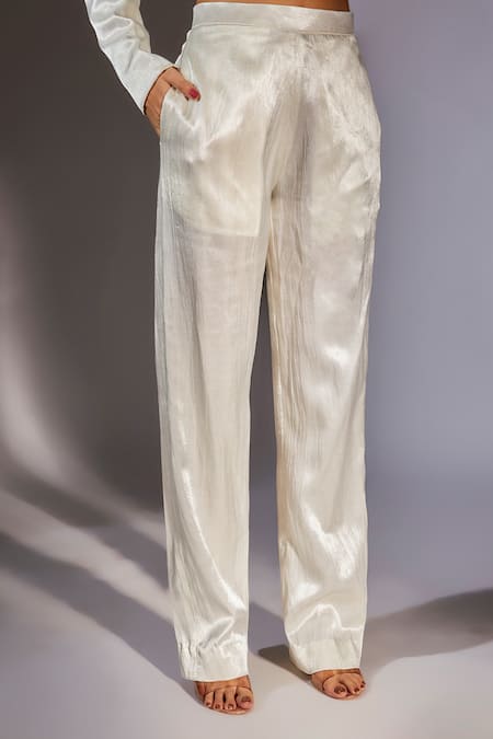 Buy_Masumi Mewawalla_White Net, Maheshwari, Silk Embroidery Structured Ruffle Crop Blazer And Pant Set _Online_at_Aza_Fashions