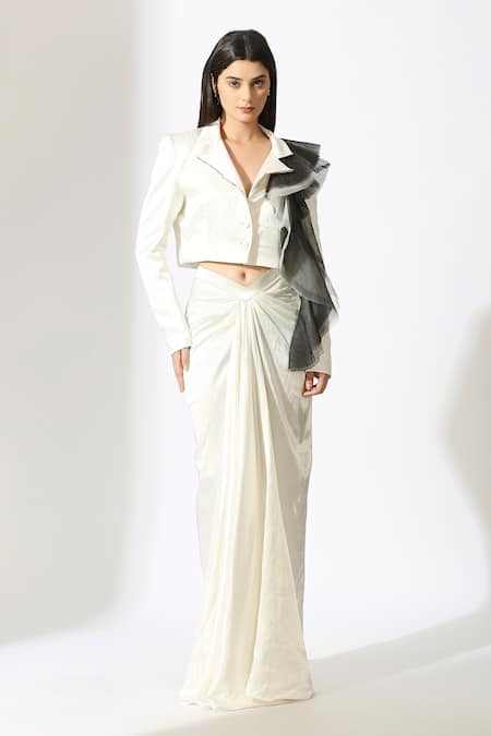 Masumi Mewawalla Structured Ruffle Crop Blazer & Draped Skirt Set 