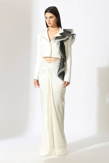 Buy_Masumi Mewawalla_White Net Ruffles Structured Crop Blazer And Draped Skirt Set _Online_at_Aza_Fashions
