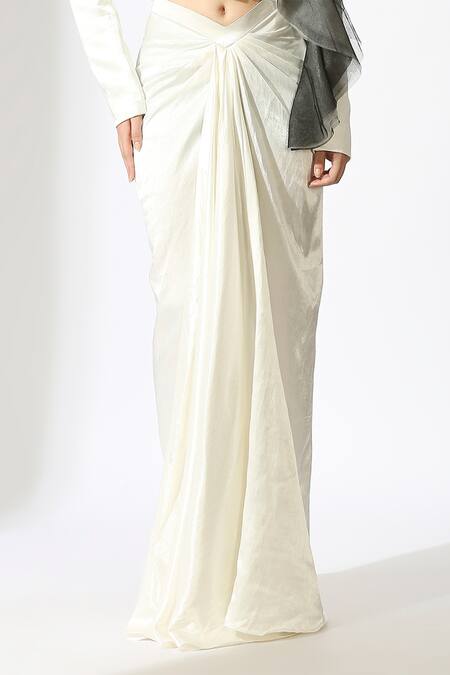 Masumi Mewawalla_White Net Ruffles Structured Crop Blazer And Draped Skirt Set _at_Aza_Fashions