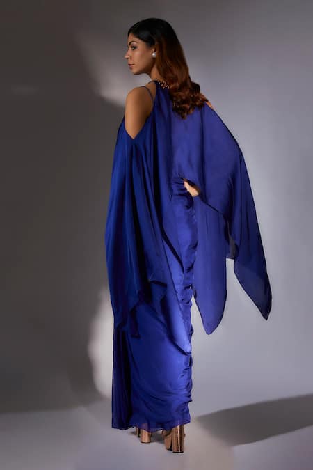 Shop Masumi Mewawalla Blue Satin, Organza, Silk Embroidery Round Neck Draped Skirt Set With Cape at Aza Fashions Shop_Masumi Mewawalla_Blue Satin, Organza, Silk Embroidery Round Neck Draped Skirt Set With Cape _at_Aza_Fashions