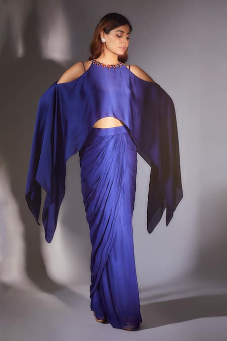 Masumi Mewawalla Blue Satin, Organza, Silk Embroidery Round Neck Draped Skirt Set With Cape Online at Aza Fashions Masumi Mewawalla_Blue Satin, Organza, Silk Embroidery Round Neck Draped Skirt Set With Cape _Online_at_Aza_Fashions