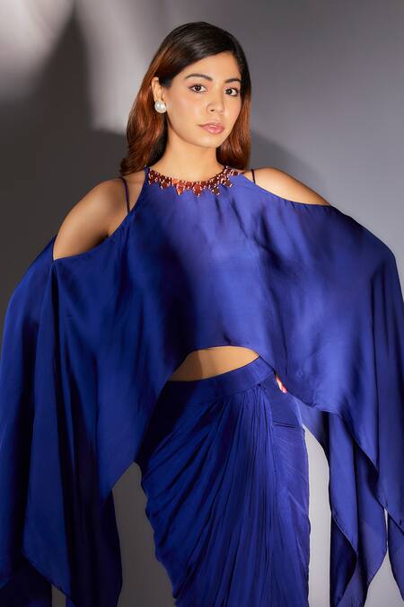 Shop Masumi Mewawalla Blue Satin, Organza, Silk Embroidery Round Neck Draped Skirt Set With Cape Online at Aza Fashions Shop_Masumi Mewawalla_Blue Satin, Organza, Silk Embroidery Round Neck Draped Skirt Set With Cape _Online_at_Aza_Fashions