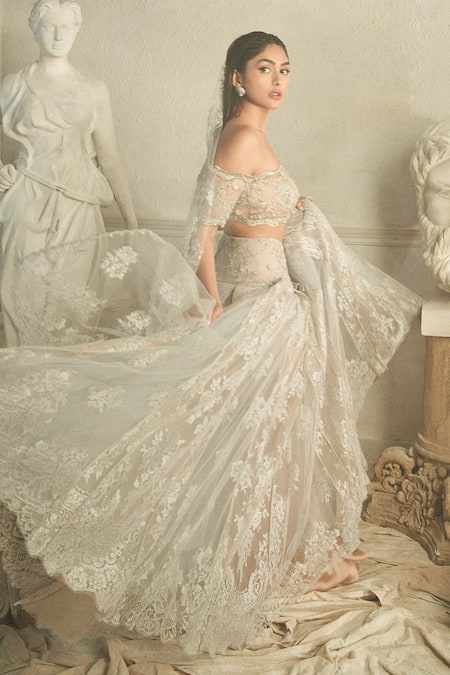 Shop_Shehlaa Khan_Silver Lace Sequins, Crystals Off-shoulder Embellished Lehenga Set _at_Aza_Fashions