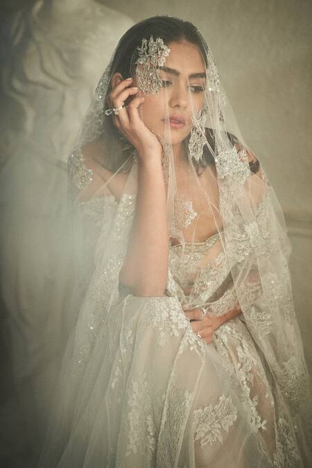 Shehlaa Khan_Silver Lace Sequins, Crystals Off-shoulder Embellished Lehenga Set _Online_at_Aza_Fashions