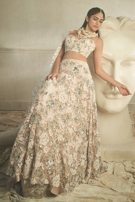 Buy White Organza Embroidery Sequin V Neck Floral Bridal Lehenga Set For  Women by SHASHA GABA Online at Aza Fashions.