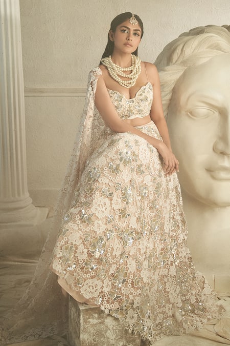 Shop_Shehlaa Khan_White Cotton Sequins, Crystals Asymmetric Crochet Embellished Lehenga Set _at_Aza_Fashions