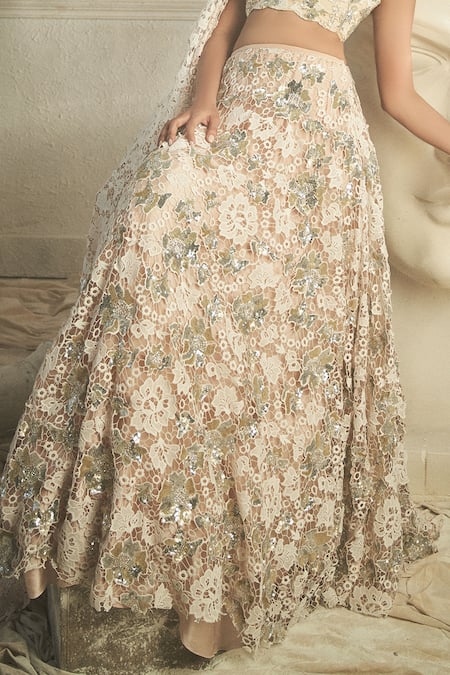 Shehlaa Khan_White Cotton Sequins, Crystals Asymmetric Crochet Embellished Lehenga Set _Online_at_Aza_Fashions